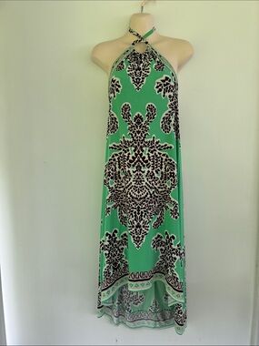 INC International Concepts Green Halter Maxi Dress with Black & White Print S